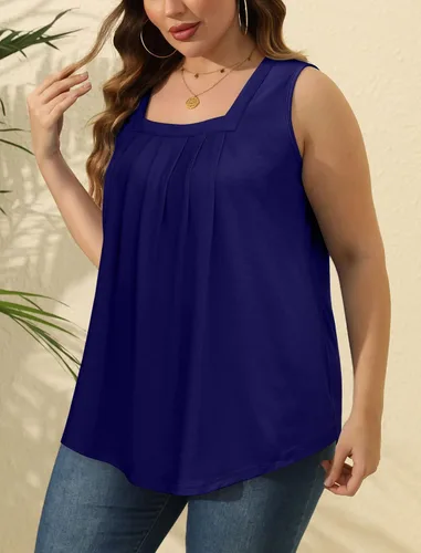 Miniatura 79 de Saloogoe - Camisetas sin mangas veraniegas para mujeres, plisadas con cuello cuadrado y dobladillo curvado, blusas de ajuste holgado con movimiento
