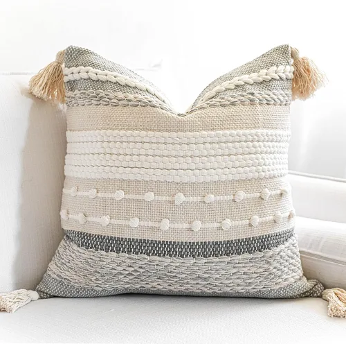 BlissBlush Funda de almohada bohemia gris de 22 x 22 pulgadas, almohada decorativa gris para sofá, funda de almohada cuadrada tejida con textura,