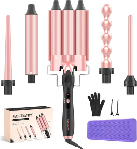 MOCEMTRY Juego de Varita Rizadora 5 en 1 (0.35"-1.25") con Crimpador de Cabello de 3 Barriles, Varita Rizadora de Burbujas y 3 Barriles de Cerámica,