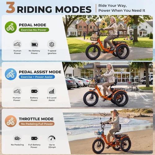 Miniatura 8 de Electric Tricycle for Adults 750W(Peak 1350W) 48V15.6Ah Etrike 20"x4" Fat Tire Electric Trike 3-Wheel Aluminum Alloy Folding Electric Tricycle Max