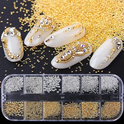 Miniatura 5 de 2 cajas de perlas para arte de uñas, perlas de espalda plana, cuentas de caviar doradas y plateadas, abalorios de metal de acero 3D, perlas
