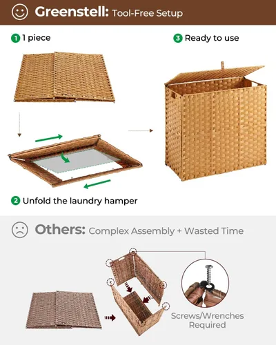 Miniatura 5 de GREENSTELL - Cesta para la ropa con tapa, 130 l, sin necesidad de instalación, cestos de mimbre plegables con 2 bolsas extraíbles, cesto
