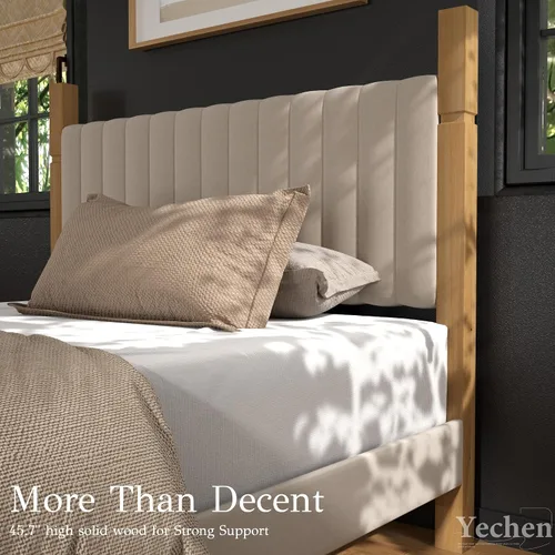 Miniatura 3 de Yechen Base de cama Queen con cabecero, marco de cama de madera con postes de madera maciza, no necesita somier, lino beige Sábanas beige