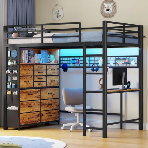 ADORNEVE Cama tipo loft individual con escritorio, 14 cajones de almacenamiento y toma de corriente, cama tipo loft para niños tamaño individual con