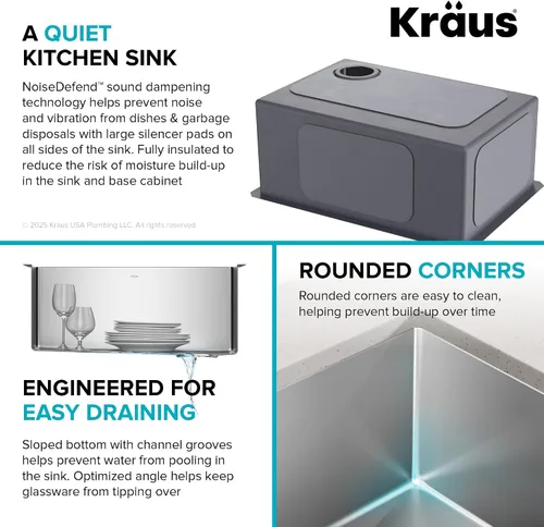 Miniatura 10 de Kraus KHU111-25 Standart PRO - Fregadero de cocina empotrado con tazón individual de acero inoxidable, calibre 16, 25 pulgadas