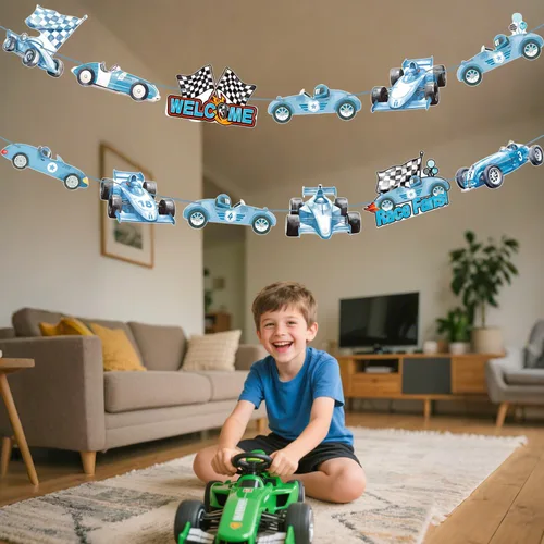Miniatura 8 de Letrero de porche de carreras de autos de carreras, decoración de cumpleaños de carreras, autos de carreras azules, pancartas recortadas para colgar
