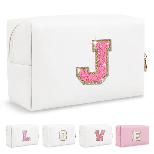 Miniatura 430 de Pequeña bolsa de maquillaje personalizada con inicial A-Z Preppy Patch, bolsa de cosméticos de viaje de felpilla blanca con cremallera, bonita bolsa