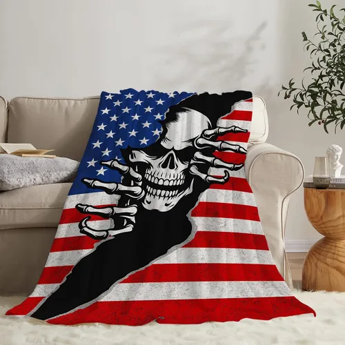 Miniatura 3 de Manta de Vellón de Esqueleto Gótico Mantas Horribles de Calavera para Niñas y Niños Súper Suave y Cálida de Franela Mantas de Bandera Estadounidense