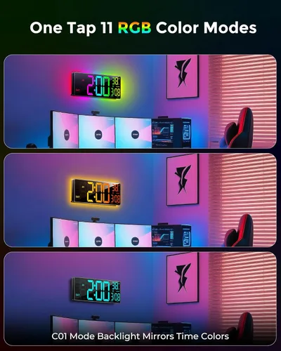 Miniatura 8 de EASYERA Reloj de pared digital grande de 16.5 pulgadas con sincronización BT, luces RGB con control remoto de 11 escenas, reloj LED grande