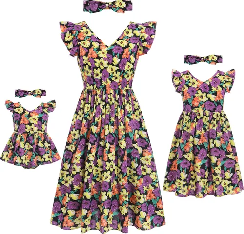 Miniatura 2 de Mommy and Me - Vestidos a juego con volantes florales y espalda descubierta, vestido de playa con cinturón autoatado para verano, mamá e hija