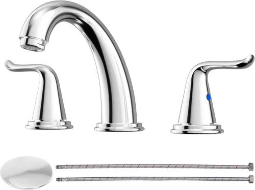 Miniatura 12 de WOWOW Grifo de baño de latón sólido de 2 asas con 3 agujeros, grifo de lavabo de acero inoxidable para tocador, grifo de lavabo de baño de níquel