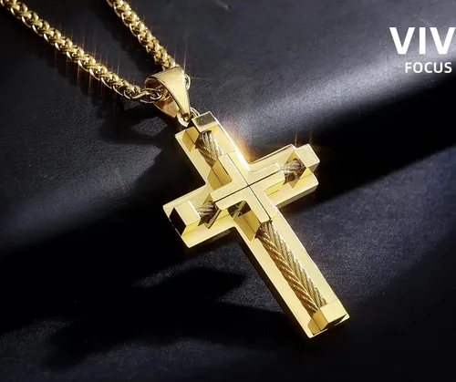 Miniatura 4 de Vividstill Collar de cruz para hombre, colgante de cruz de acero inoxidable con cadena de 24 pulgadas, gran regalo de cruz cristiana para hombres