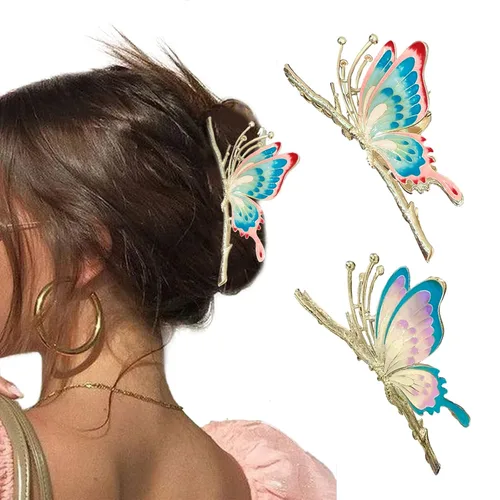 Grandes pinzas de mandíbula de metal antideslizantes con mariposa brillante para mujeres - Agarre fuerte y bonito, accesorios para el cabello,