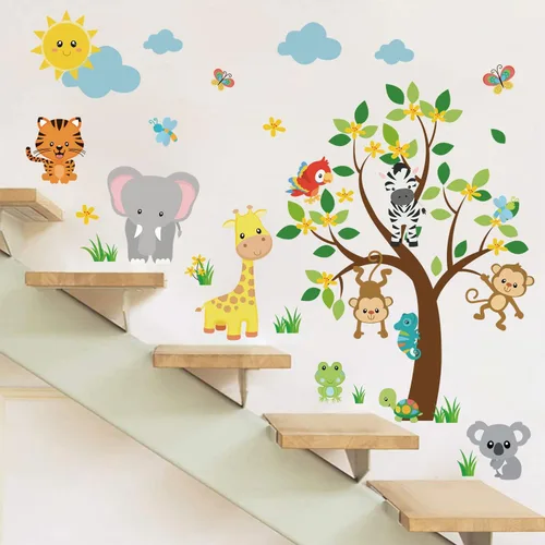 Miniatura 5 de Supzone Calcomanías de pared de animales de selva, diseño de mono, árbol, elefante, jirafa, tigre, calcomanía de pared para niños, niñas, niños