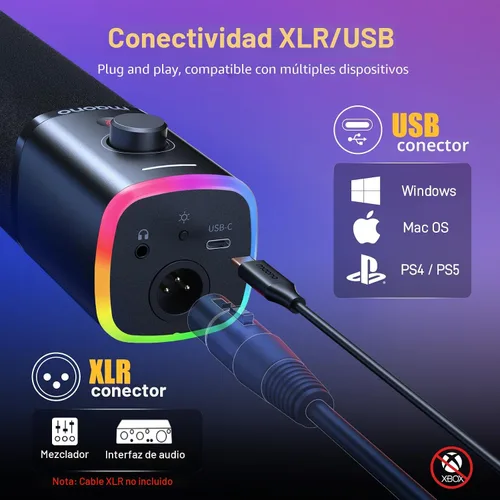 Miniatura 2 de MAONO Micrófono dinámico USB/XLR para transmisión de juegos, micrófono de computadora con software-RGB, botón de silencio, micrófono de escritorio