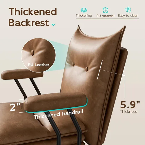 Miniatura 6 de Silla de oficina marrón con asiento ancho grueso de triple capa, silla de escritorio de cuero con respaldo medio con ruedas y brazos, silla