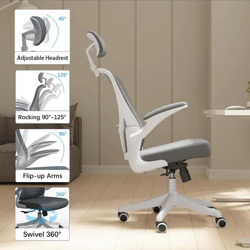 Miniatura 5 de Silla de Oficina Ergonómica con Soporte Lumbar Ajustable y Reposabrazos Abatibles - Silla de Escritorio de Computadora de Respaldo Alto con Cojín