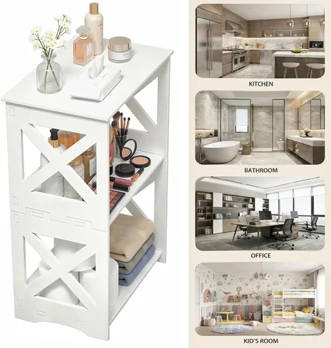 Miniatura 7 de BYFU Mesa auxiliar de 3 niveles, mesa auxiliar pequeña con estante de almacenamiento, mesita de noche blanca, mesita de noche, estantería