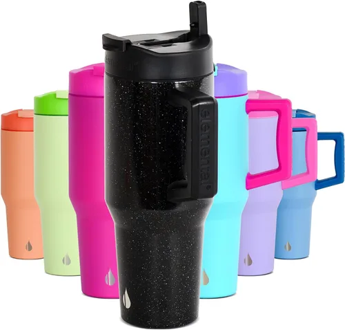 Miniatura 57 de Elemental Vaso de 40 onzas con asa y popote - A prueba de derrames, aislado de acero inoxidable para uso diario - Taza de café de viaje con 2