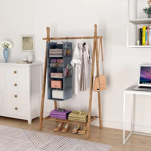 Miniatura 2 de MAX Houser Organizador de armario colgante de 5 estantes, ahorro de espacio, estantes colgantes de tela con 4 bolsillos laterales, plegable, gris