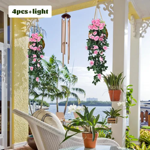 Miniatura 6 de RECUTMS Flores Colgantes Artificiales de Rosa 2 Piezas 1 Metro para Exteriores con 30 Luces de Hadas LED en Forma de Cadena Falsa para Exteriores