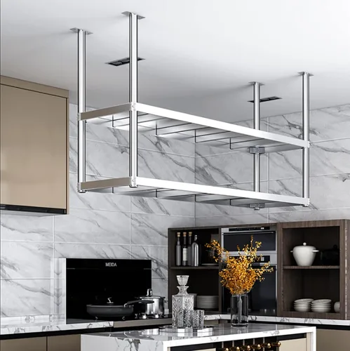 Miniatura 2 de Shelves Whftd Double Iayer 304 Stainless Steel Ceiling Storage Shelf, Hanging Floating Shelves, for Restaurant Bar Display Stand/Decorative Storage