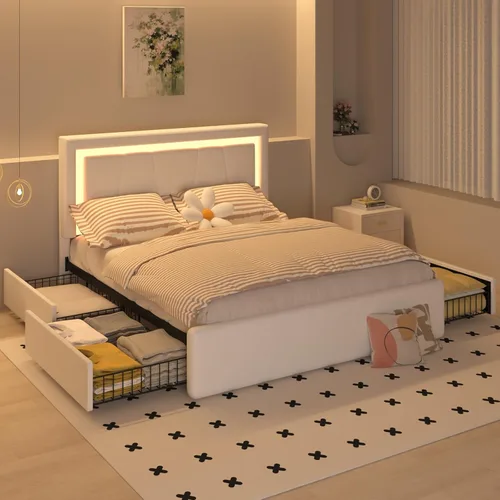 Miniatura 7 de Benevika Marco de Cama Queen con 4 Cajones de Almacenamiento y Cabecera Ajustable, Cama de Plataforma Tapizada con LED con Puertos Tipo C y USB