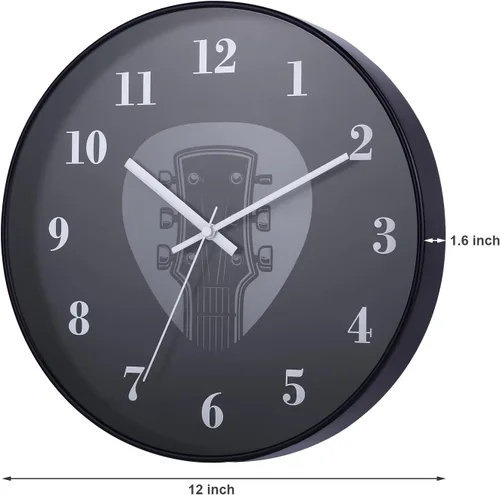 Miniatura 2 de Reloj de pared de guitarra de 12 pulgadas, silencioso, sin tictac, funciona con pilas, diseño único de púa de guitarra y cabeza, regalo