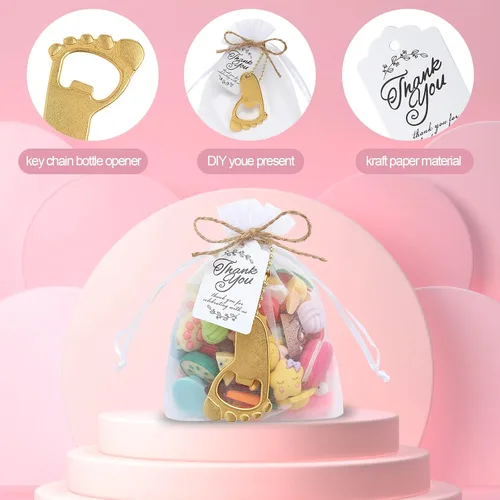 Miniatura 7 de 50 llaveros de huellas de bebé y abrebotellas para fiestas con bolsa de organza (dorado)