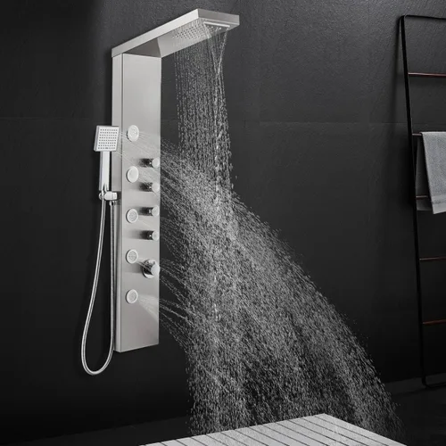 Miniatura 10 de ROVATE Sistema de panel de ducha tipo cascada, torre de ducha de acero inoxidable 304 con 5 chorros de masaje de cuerpo de lluvia y 3