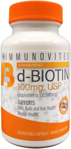 IMMUNOVITES Biotina de dosis alta (como d-biotina, USP) 100mg (equivalente a 100,000mcg) 90 cápsulas, alta potencia