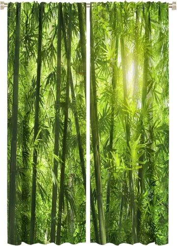 Miniatura 37 de Cortinas con estampado de bambú, tallos y hojas de bambú, temática oriental natural, oscurecimiento de habitación, ventana, ventana, cortina