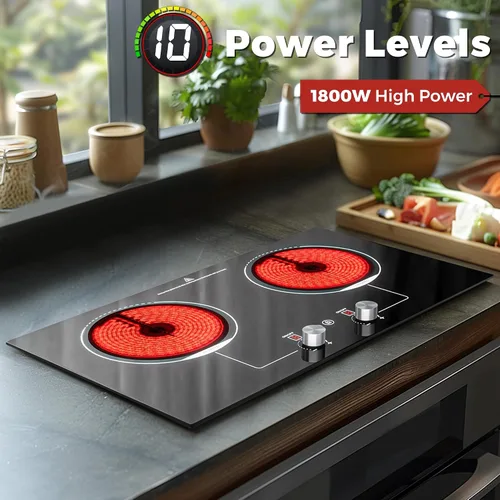 Miniatura 3 de ADVWIN Placa de cocina eléctrica, perilla de control de 2 quemadores, enchufe en estufa eléctrica de cerámica integrada con bloqueo de seguridad