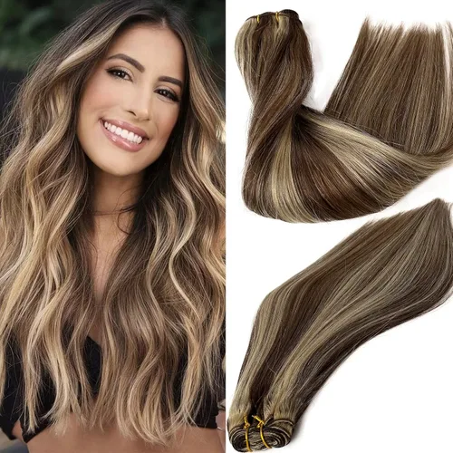 Miniatura 14 de Extensiones de cabello humano real con trama cosida, atadas a mano, color rubio ceniza a rubio con reflejos, extensiones cosidas con trama