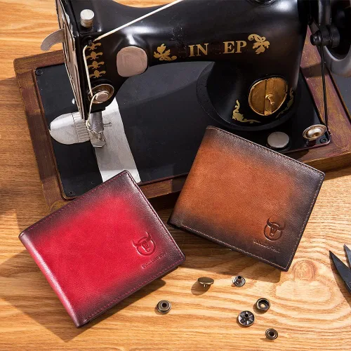 Miniatura 86 de LUKZIJAES Billetera de cuero genuino para hombre, con bloqueo RFID, delgada, plegable, bolsillo frontal, #3-Café, Vintage