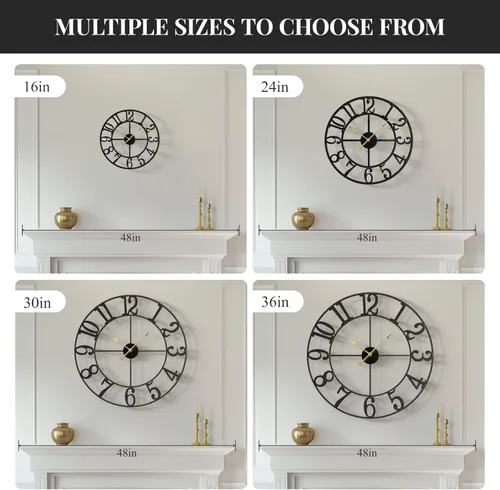 Miniatura 7 de Reloj de pared negro de 16 pulgadas decorativo, moderno reloj de metal para sala de estar, funciona con pilas, silencioso, sin tictac, números