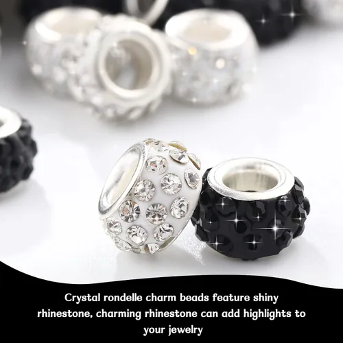 Miniatura 3 de Hicarer 200 cuentas europeas de diamantes de imitación de 0.394 pulgadas (0.433 in), cuentas espaciadoras de agujeros grandes para bricolaje blanco