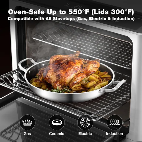Miniatura 8 de Yeksum Paella de tres capas de acero inoxidable de 14.5 pulgadas, 12 porciones con tapa, sartén grande antiadherente 18/10, olla jumbo, bandeja