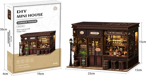 Miniatura 8 de Kit de rincón de libros, kit de casa de muñecas en miniatura con muebles y luz LED, rompecabezas 3D, sujetalibros de arte de madera, kits