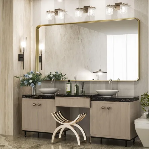 Miniatura 2 de TokeShimi - Espejo rectangular para tocador de baño de 60 x 30 pulgadas con marco de metal mate color dorado cepillado para pared, sin oxidación