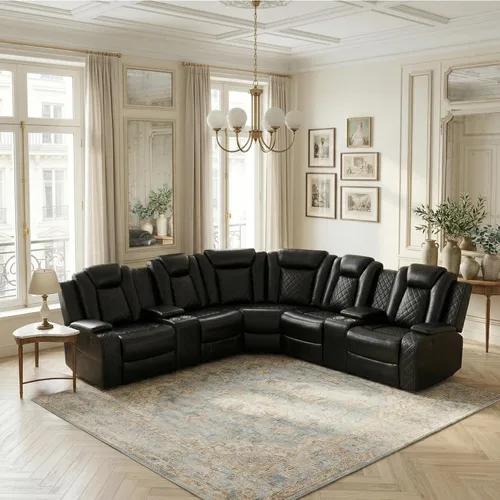 Miniatura 16 de Juego de sofá reclinable eléctrico, sofás reclinables de cuero negro, 3 piezas de sofá reclinable de cuero de aire y silla de dos plazas con luces