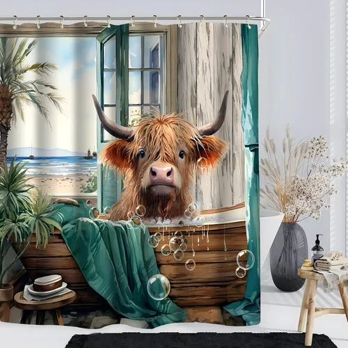 Highland Cow - Cortina de ducha de verano de 60 pulgadas de ancho x 72 pulgadas de largo, divertida y linda vista al mar, vista al mar, paisaje,