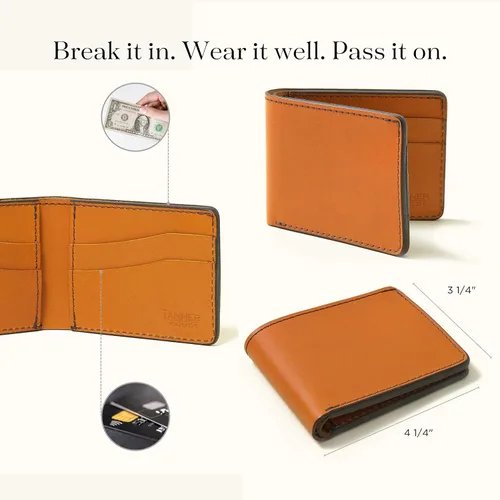 Miniatura 4 de TANNER GOODS Billetera de cuero para hombre, estilo tradicional, con 4 ranuras para tarjetas, sección de notas planas. Billetera de bolsillo