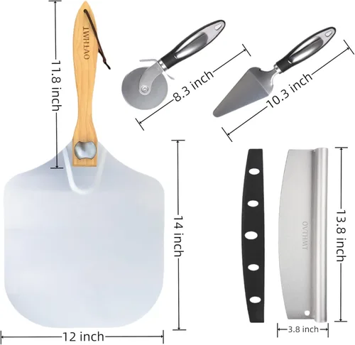 Miniatura 9 de Accesorios para Horno de Pizza 4 PCS, Kit de Pizza, Pala de Pizza de Aluminio con Mango de Madera Plegable, Cortador de Pizza, Cuchilla Balancín
