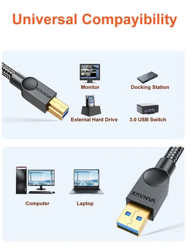 Miniatura 6 de VANAUX Cable USB 3.0 B macho a USB A, cable de datos USB 3 tipo B, compatible con estación de acoplamiento, discos duros externos, escáner y más