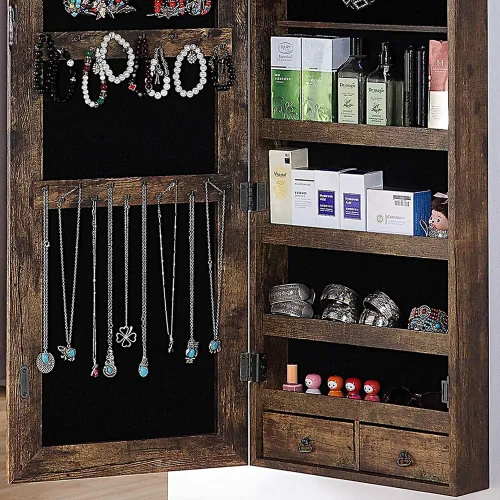 Miniatura 7 de GISSAR - Armario de joyería con espejo de longitud completa armario de joyería de 6 LED montado en la pared para colgar sobre la puerta organizador