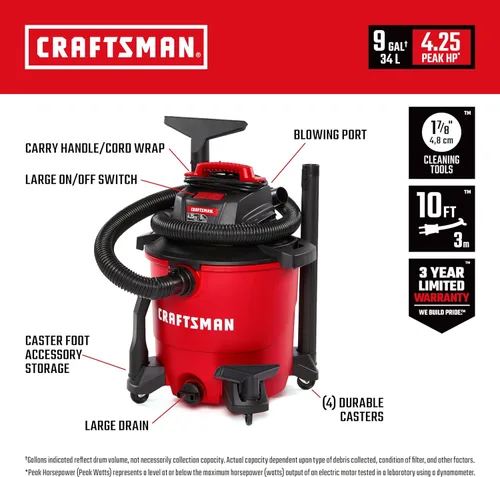 Miniatura 2 de CRAFTSMAN CMXEVBE17590 Aspiradora húmeda y seca con filtro, bolsa para polvo, manguera, accesorios y CRAFTSMAN CMXEVBE17250 2.5 Gal. Aspiradora