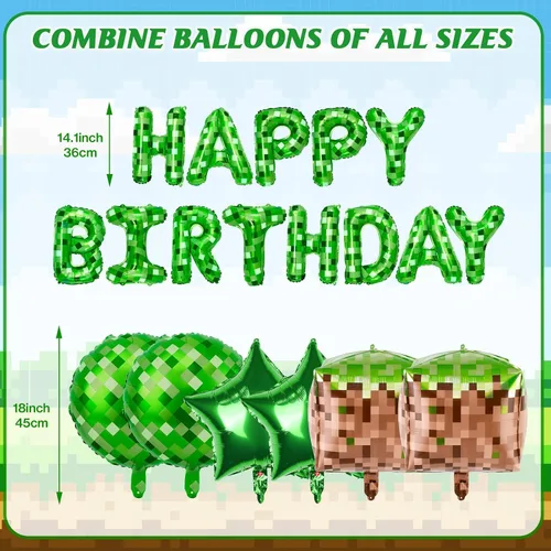 Miniatura 2 de Juego de decoraciones de fiesta de feliz cumpleaños con temática de píxeles verdes, con globos de píxeles, esenciales para fiestas temáticas