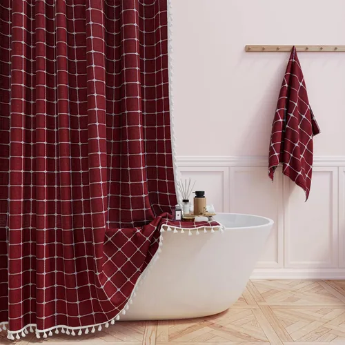 Miniatura 42 de BTTN Juego de cortinas de ducha estilo bohemio de granja con borlas, tela rústica de lino resistente, repelente al agua, cortinas de ducha gruesas A