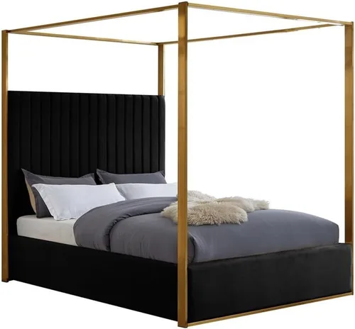 Meridian Furniture JonesBlack-Q Jones Collection Modern | Cama Queen tapizada contemporánea, terciopelo negro, acolchado de canal, marco de latón